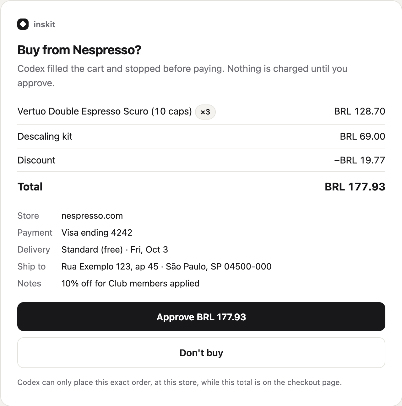 inskit approval page: Buy from Nespresso? Three items, total BRL 177.93, Visa ending 4242, with Approve and Don't buy buttons