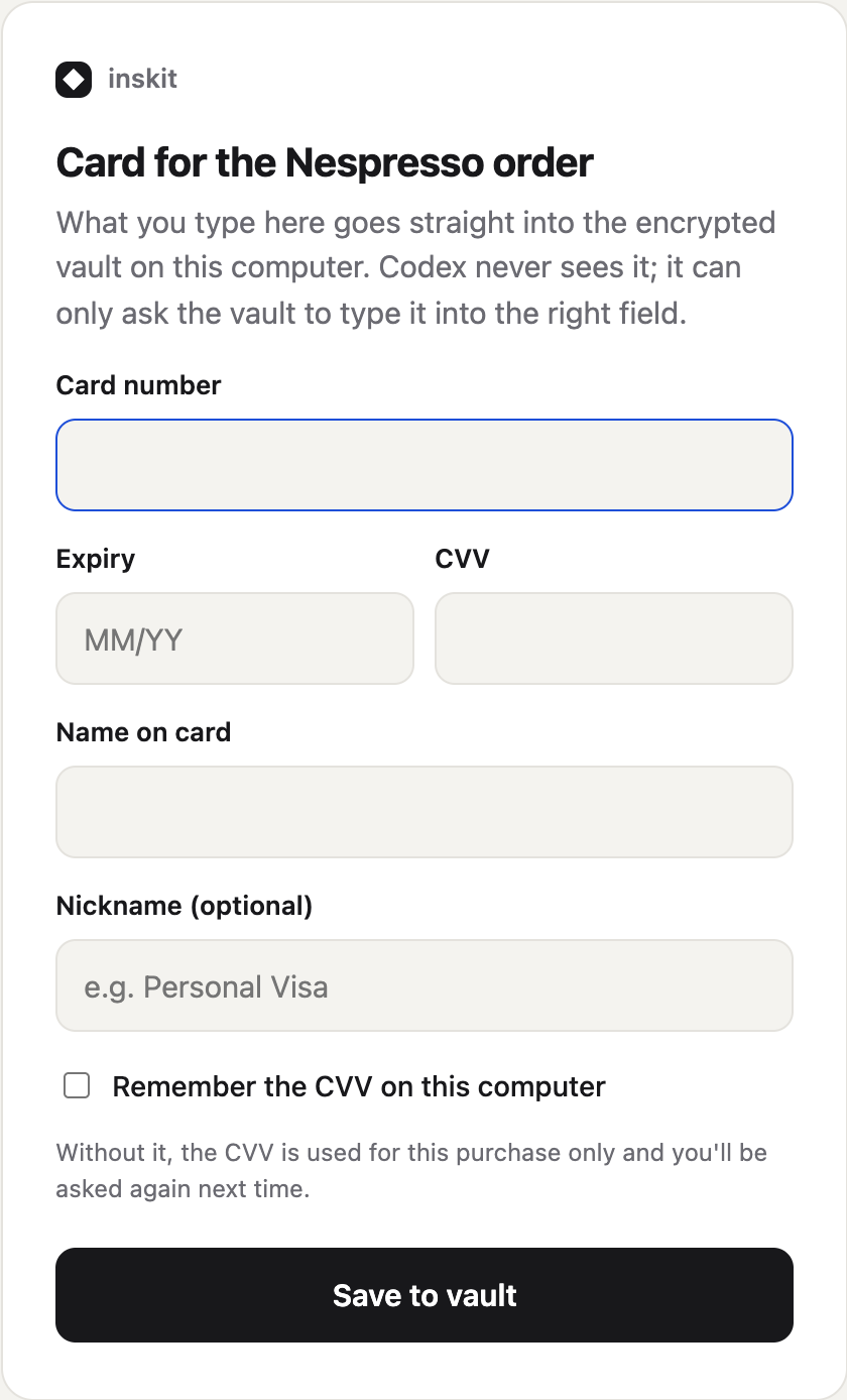 inskit vault page asking for card number, expiry, CVV and name, with a Save to vault button